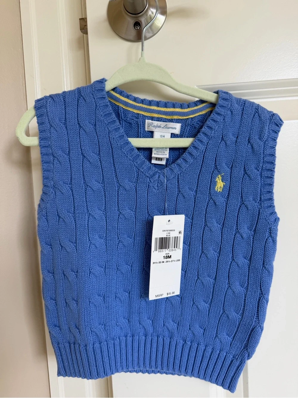 Ralph Lauren Blue Cable Knit V-Neck Sweater Vest with Yellow Polo Logo